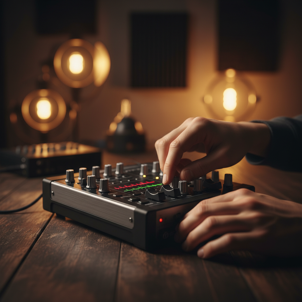 Manos ajustando los controles de una mesa de mezclas de audio sobre una mesa de madera.