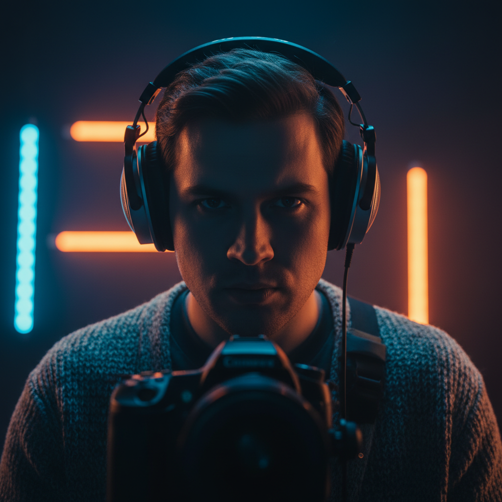 Fotógrafo con auriculares frente a su cámara en un estudio con luces de neón azules y naranjas.