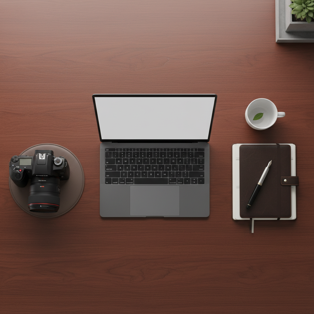 Escritorio de madera organizado con una computadora portátil, una cámara réflex, un cuaderno con pluma y una taza de té.