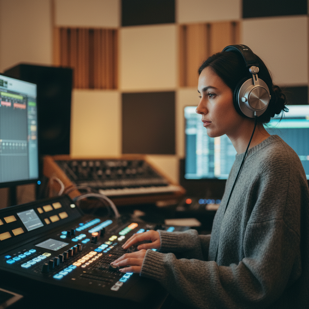 Productora musical trabajando en una consola de mezclas profesional frente a monitores con software de edición de audio en un estudio.
