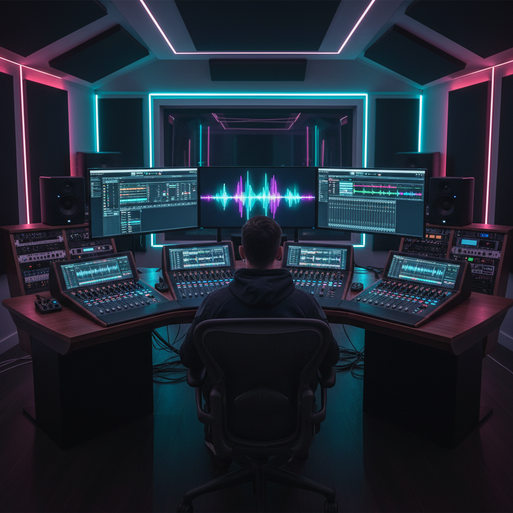 Productor musical trabajando en una estación de trabajo con consolas de mezcla y monitores que muestran ondas de sonido en un estudio moderno con iluminación de neón.