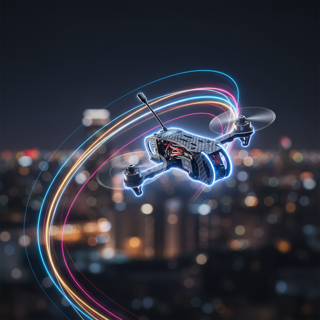 Dron de carreras de fibra de carbono volando de noche sobre un fondo urbano desenfocado con estelas de luz de colores.