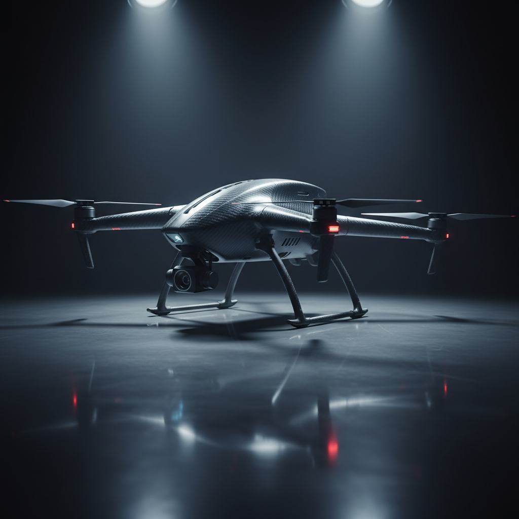 Drone cuadricóptero de fibra de carbono con cámara profesional sobre una superficie reflectante oscura.