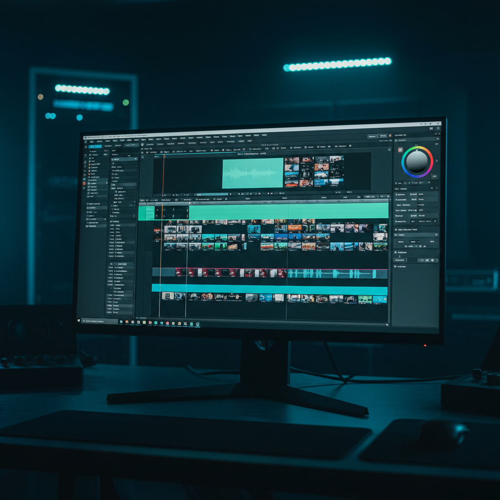 Monitor de ordenador mostrando una interfaz de software de edición de vídeo profesional en un estudio con iluminación tenue.