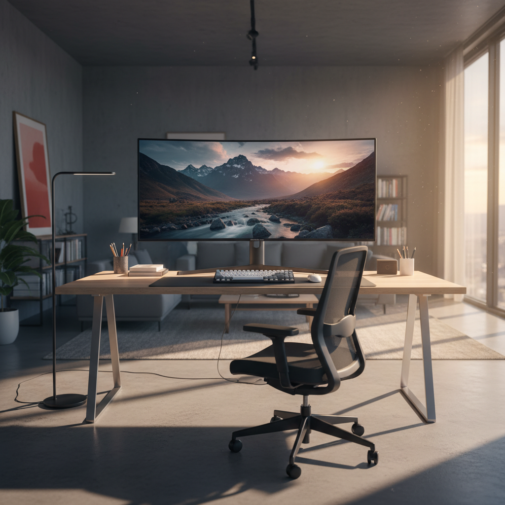 Escritorio de oficina moderno con monitor curvo, silla ergonómica y ventana con luz natural.